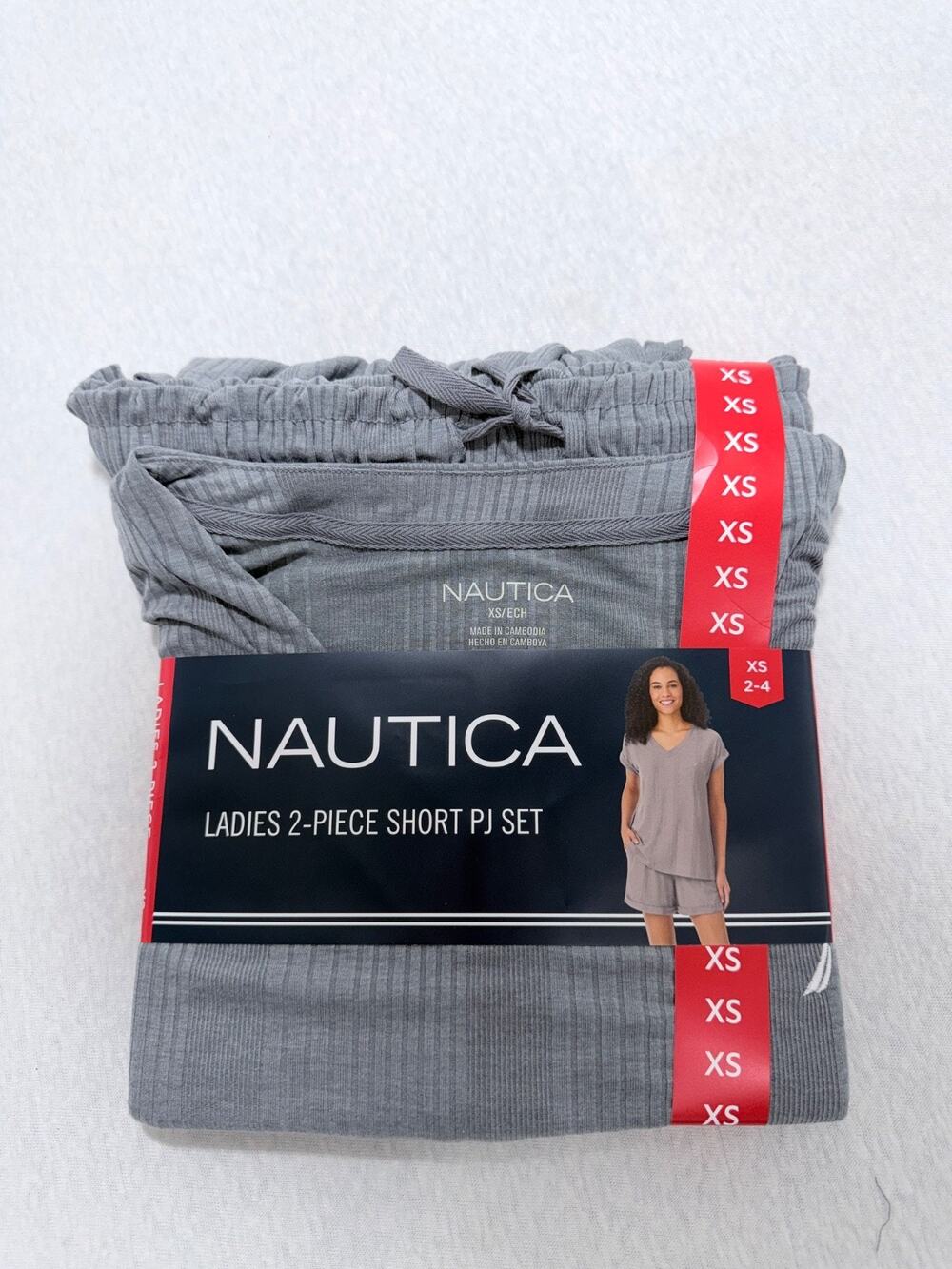 Nautica Women’s Ladies 2-Piece Pajama Set Shorts V-Neck Drawstring Waist XS Gray